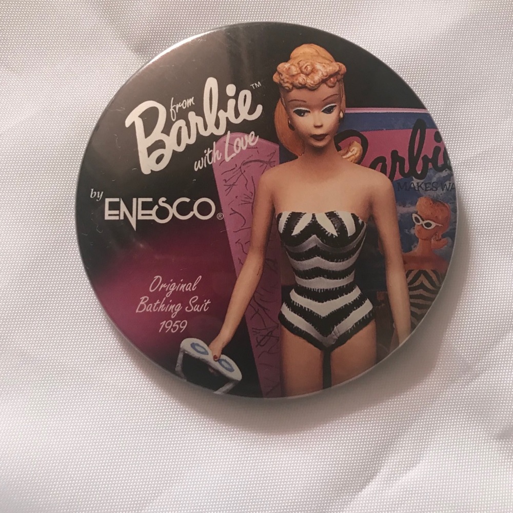 Vintage Enesco Barbie Metal Pin Back Button 1995